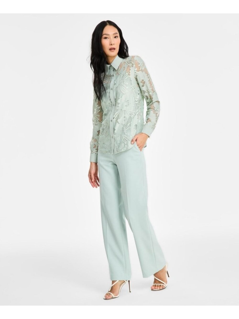Anne Klein Women s Collared Floral-Lace Button-Front Shir Green Size S $89 - Picture 3 of 4